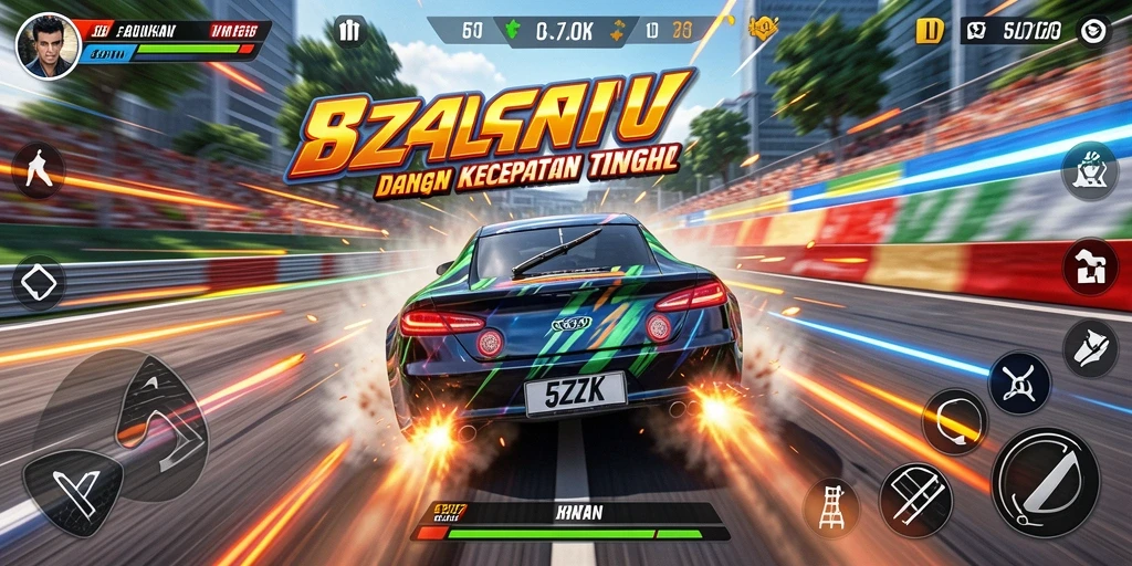 Screenshot gameplay 5ZK dengan mobil balap di trek menantang.