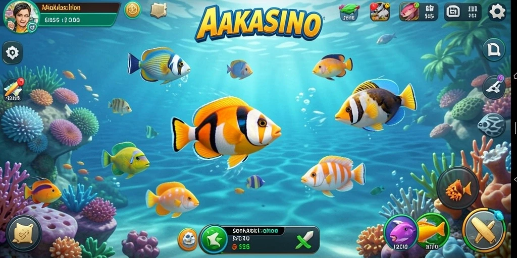 Tampilan seru gameplay AAKASINO dengan berbagai ikan untuk ditangkap.