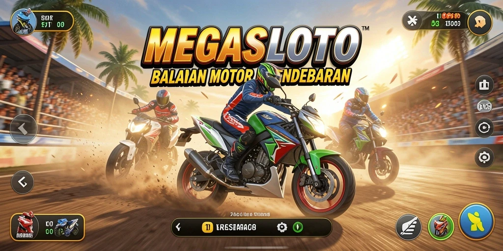Tampilan gameplay MEGASLOTO dengan aksi balapan motor yang seru.