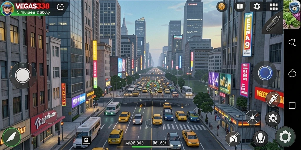 Tampilan gameplay VEGAS338 menunjukkan interaksi karakter dan lingkungan kota.